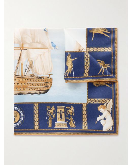 Rubinacci Blue Victory Printed Silk-Twill Pocket Square for men
