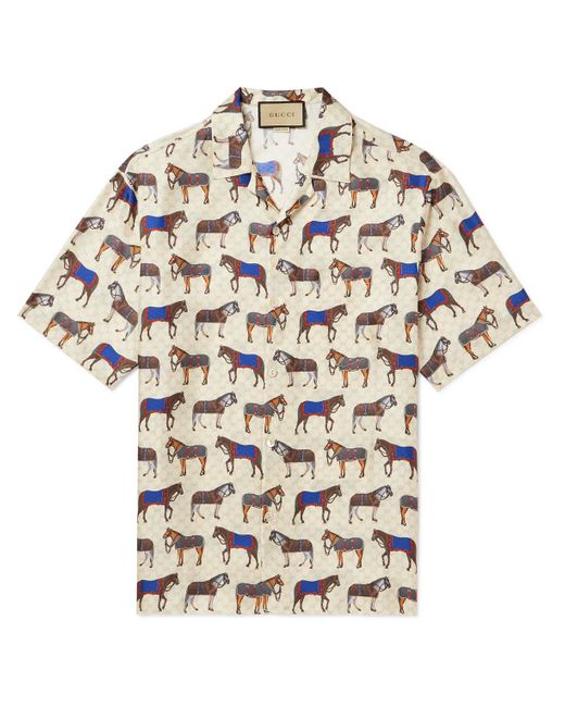 Gucci White Camp-collar Printed Monogrammed Silk-twill Shirt for men