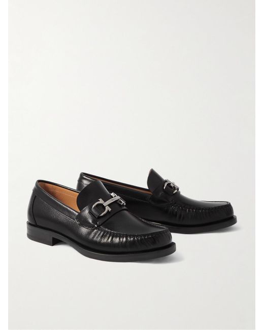 Ferragamo Black Logo-embellished Textured-leather Loafers for men