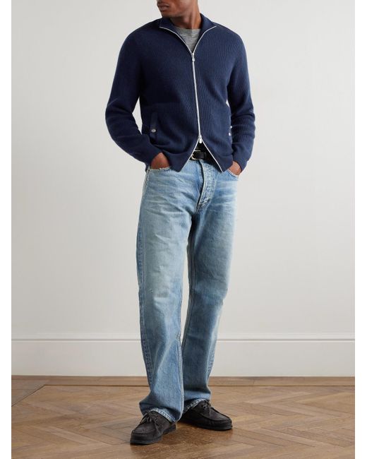Brunello Cucinelli Cardigan aus Kaschmir in Rippstrick mit Reißverschluss und Baumwoll-Twill-Besatz in Blue für Herren