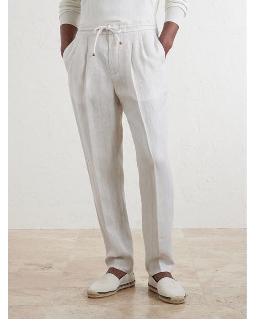 Brunello Cucinelli White Straight-Leg Pinstriped Pleated Linen Trousers for men