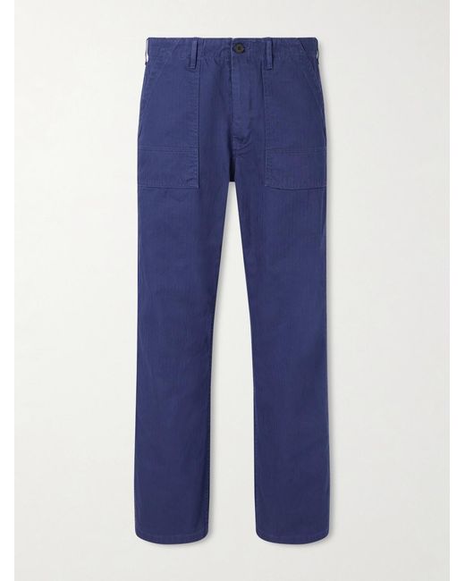 Nudie Jeans Blue Tuff Tony Straight-Leg Herringbone Cotton Trousers for men