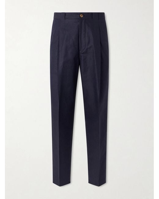 Brunello Cucinelli Blue Tapered Pleated Cotton And Linen-blend Trousers for men