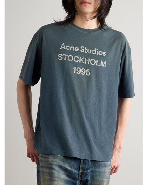 Acne Blue Exford Distressed Logo-Print Cotton And Hemp-Blend Jersey T-Shirt for men