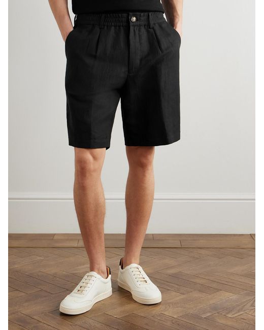 Brunello Cucinelli Black Straight-leg Pleated Linen And Cotton-blend Twill Bermuda Shorts for men