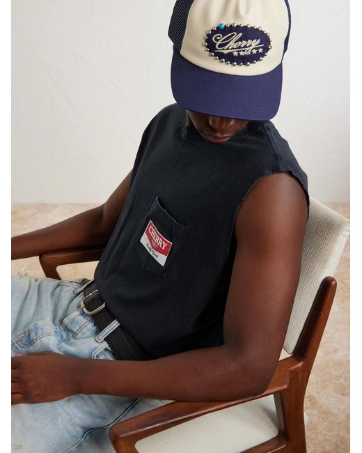 CHERRY LA Blue Logo-Printed Distressed Cotton-Jersey Tank Top for men