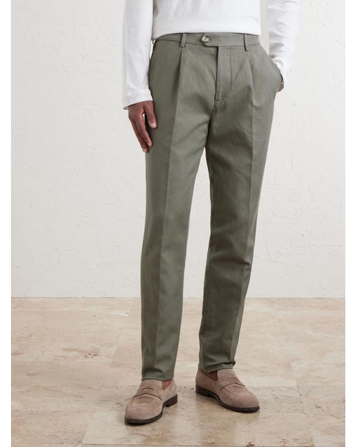 Brunello Cucinelli Gray Straight-Leg Pleated Cotton And Linen-Blend Trousers for men