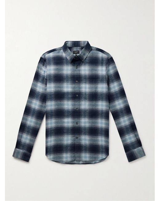 Club Monaco Blue Slim-fit Button-down Collar Checked Cotton-flannel Shirt for men