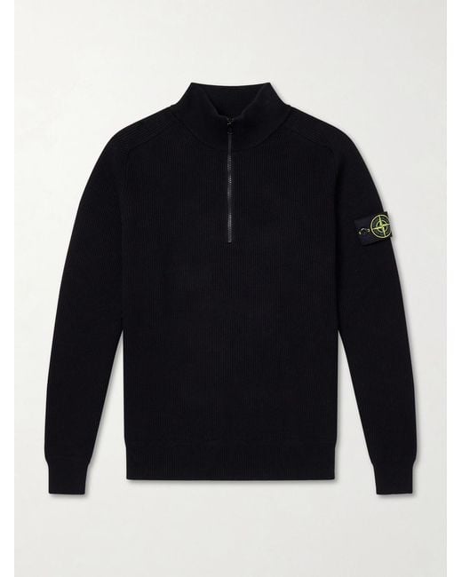 Stone Island Blue Ribbed-Knit Organic Cotton Half-Zip Sweater for men