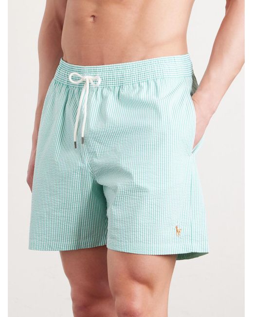 Polo Ralph Lauren Blue Traveler Straight-Leg Mid-Length Striped Cotton-Blend Seersucker Swim Shorts for men