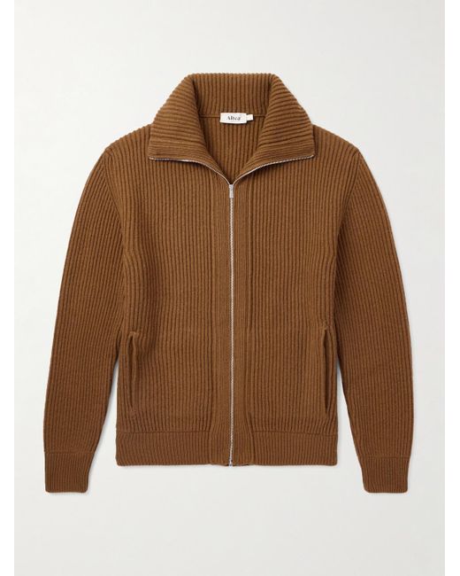 Altea Brown Ribbed Wool Zip-Up Cardigan for men