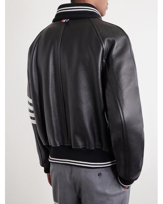 Thom Browne Black Oversized Striped Leather Bomber Jacket for men