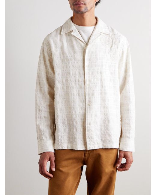 NN07 White Ben 50041 Camp-Collar Embroidered Checked Organic Cotton-Blend Shirt for men