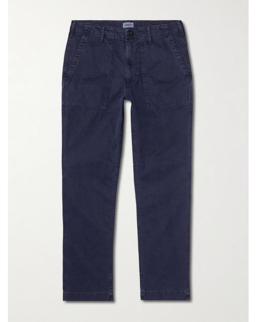 Hartford Blue Fatigue Straight-Leg Garment-Dyed Herringbone Cotton-Gabardine Trousers for men