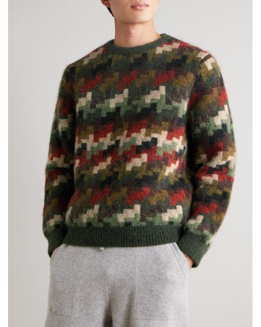 Aimé Leon Dore Green Camouflage-Print Houndstooth Alpaca-Blend Sweater for men
