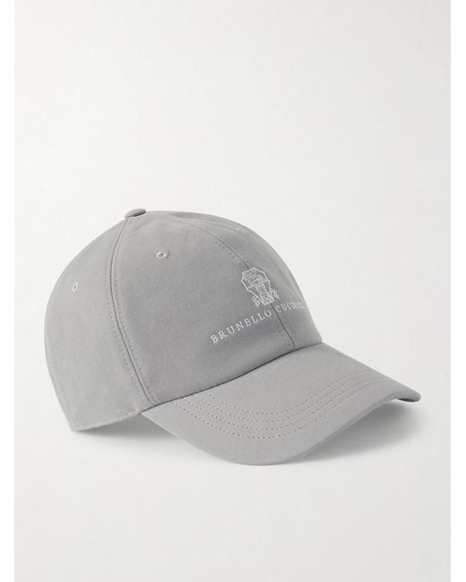 Brunello Cucinelli Gray Logo-embroidered Leather-trimmed Cotton-twill Baseball Cap