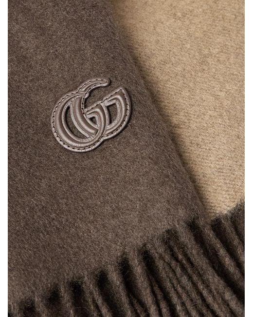Gucci Brown Fringed Logo-Appliquéd Leather-Trimmed Cashmere Scarf for men
