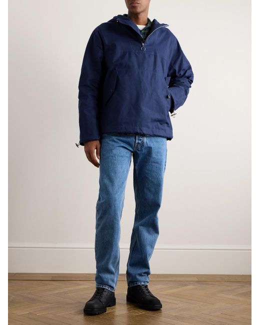 Drake's Blue Surf Waxed-cotton Half-zip Hooded Jacket for men