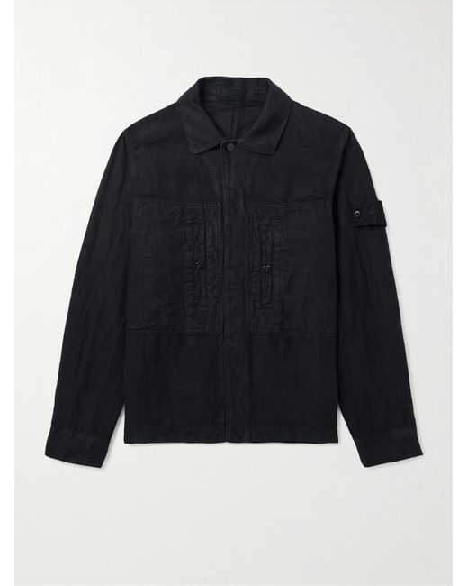 Stone Island Blue Ghost Logo-Appliquéd Garment-Dyed Linen-Twill Overshirt for men