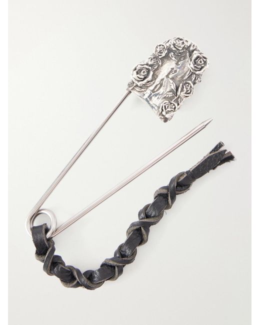 Enfants Riches Deprimes White Oversized Safety Pin Leather-Trimmed Sterling Keyring for men