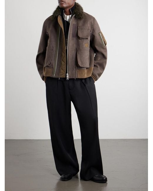 Sacai Brown Melton Plush-Trimmed Wool Blouson Jacket for men