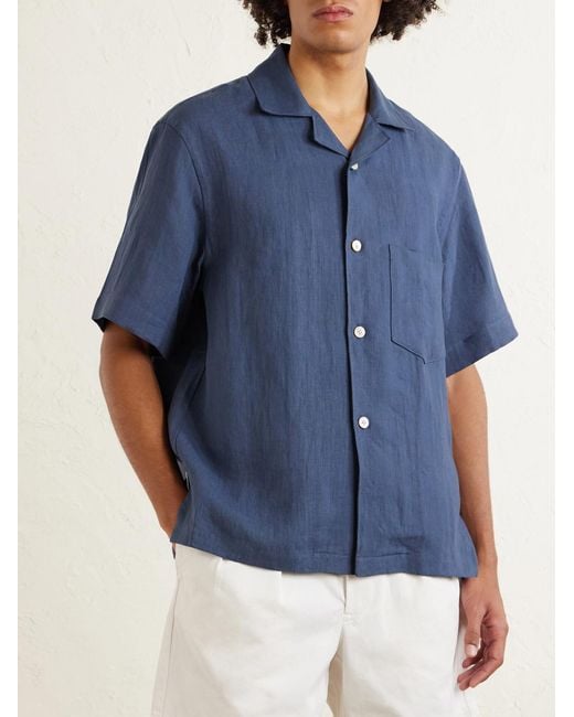 Eleventy Blue Camp-Collar Linen Shirt for men