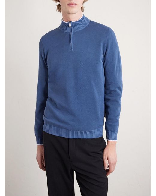 Fedeli Blue Cotton-piqué Half-zip Sweater for men