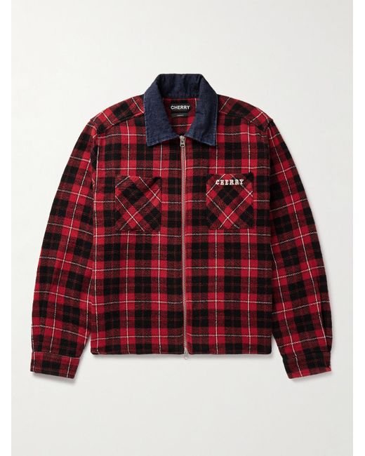 CHERRY LA Chambray-trimmed Logo-embroidered Checked Cotton-flannel Shirt Jacket for men