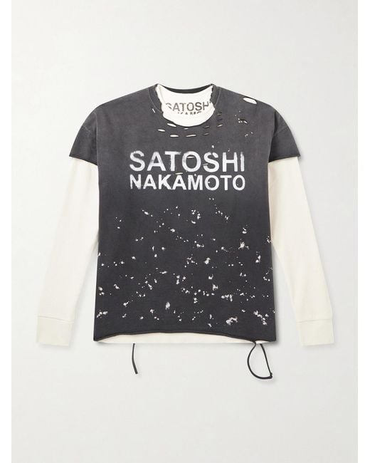 Satoshi Nakamoto Black Luke Distressed Layered Logo-print Waffle-knit And Cotton-jersey T-shirt for men