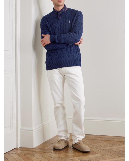 Polo Ralph Lauren Blue Driver Logo-Embroidered Cable-Knit Cotton Sweater for men