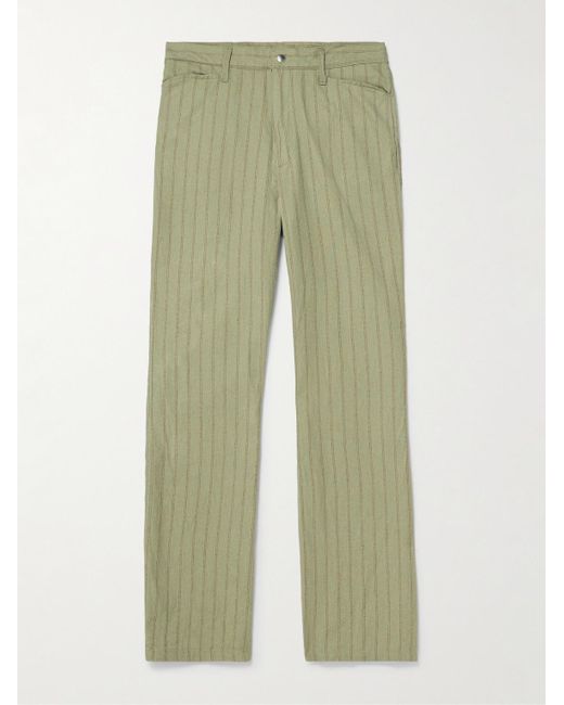 Kapital Green Gibson Straight-Leg Striped Linen And Cotton-Blend Twill Trousers for men