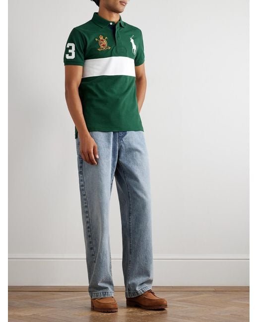 Polo Ralph Lauren Green Logo-Embroidered Appliquéd Striped Cotton-Piqué Polo Shirt for men