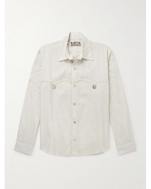 Kartik Research White Embellished Striped Cotton-Voile Shirt for men