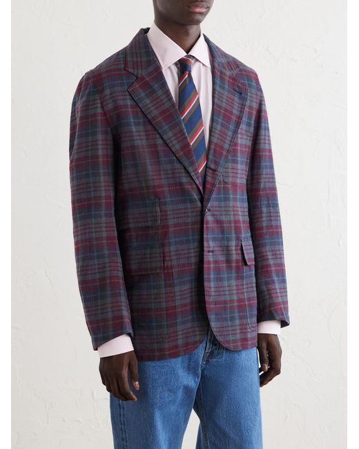 Drake's Blue Madras Games Checked Linen-Blend Blazer for men
