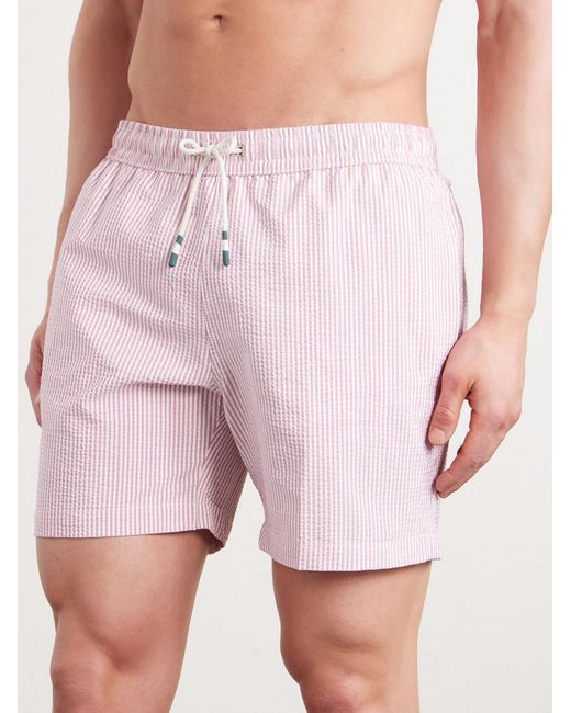 Hartford Pink Straight-Leg Mid-Length Striped Seersucker Swim Shorts for men