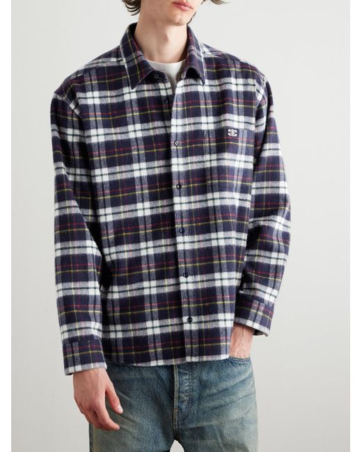 Celine Logo-Embroidered Checked Wool-Flannel Shirt in Blue for Men