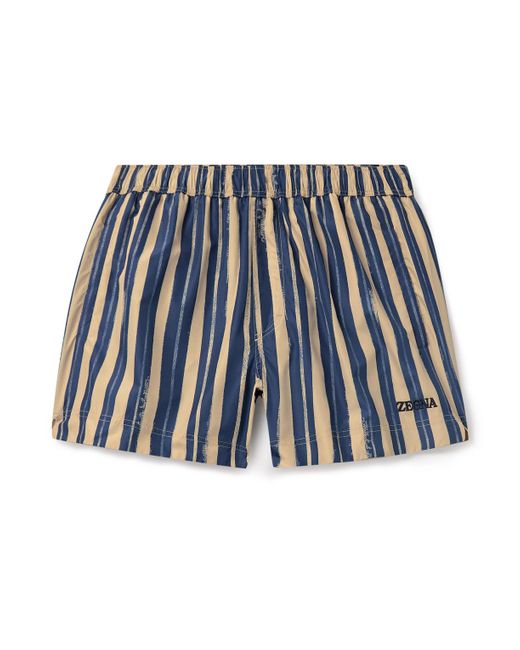 Zegna Blue Straight-leg Mid-length Logo-embroidered Striped Swim Shorts for men