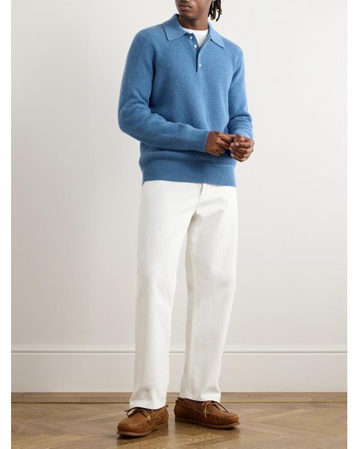 Piacenza 1733 Blue Slim-Fit Ribbed Cashmere Polo Shirt for men