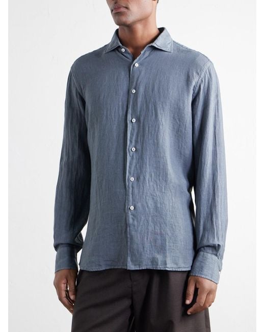 Fedeli Blue Nick Slim-Fit Cutaway-Collar Linen Shirt for men