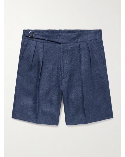Ralph Lauren Purple Label Blue Straight-leg Pleated Herringbone Linen And Silk-blend Shorts for men