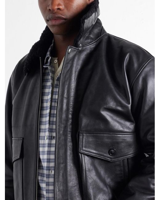 A.P.C. Black Charles Wool-Fleece Trimmed Leather Jacket for men