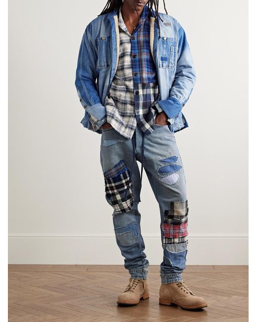 Greg Lauren Blue Slim-Fit Tapered Flannel Patchwork Jeans for men