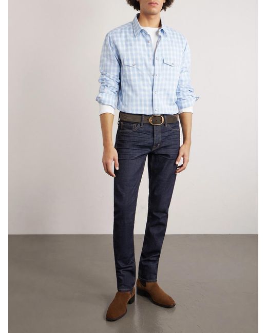 Tom Ford Blue Slim-fit Checked Cotton And Linen-blend Shirt for men