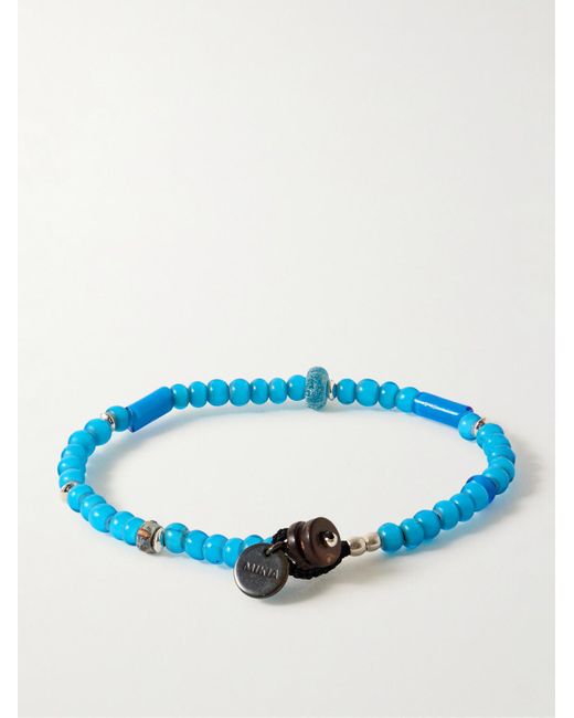 Mikia Blue White Hearts Silver And Enamel Beaded Bracelet for men