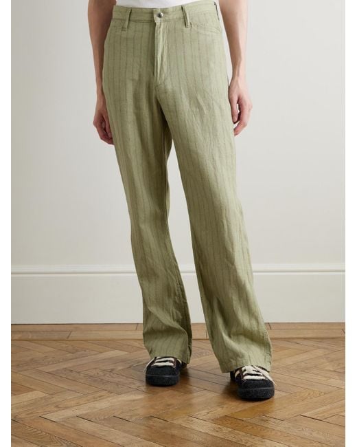 Kapital Green Gibson Straight-Leg Striped Linen And Cotton-Blend Twill Trousers for men