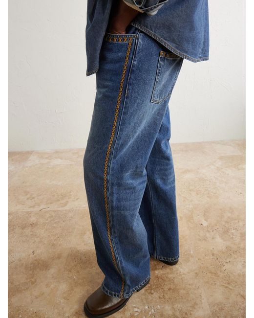 MANAAKI Blue Tukutuku Straight-Leg Embroidered Organic Jeans for men