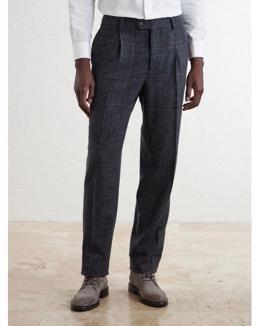 Brunello Cucinelli Gray Lesire Straight-Leg Pleated Checked Silk, Wool And Cashmere-Blend Suit Trousers for men