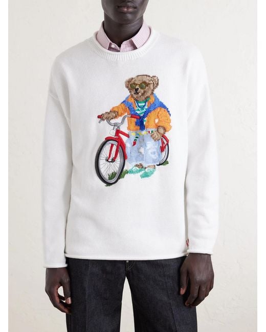 Polo Ralph Lauren White Polo Bear-embroidered Bead-embellished Knitted Cotton Sweater for men