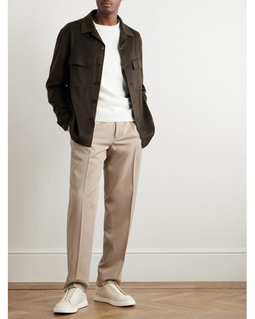 Zegna Natural Straight-Leg Pleated Cotton And Wool-Blend Twill Trousers for men