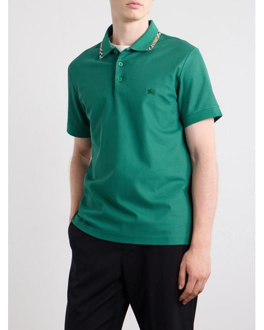 Burberry Green Logo-Embroidered Checked Cotton-Piqué Polo Shirt for men